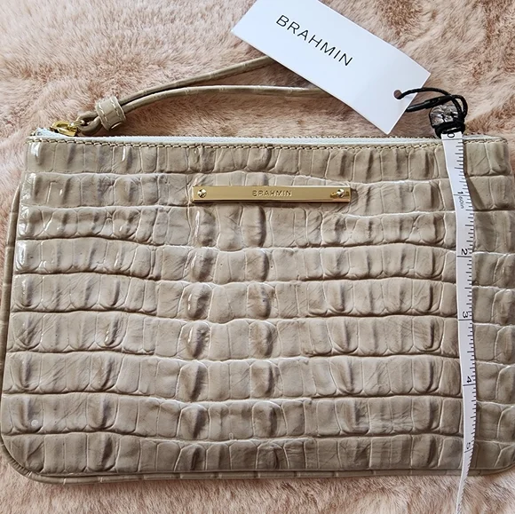 BRAHMIN Sally Wristlet Cosmetic Bag Taupe Gray Croc Embossed Leather - Picture 3 of 6